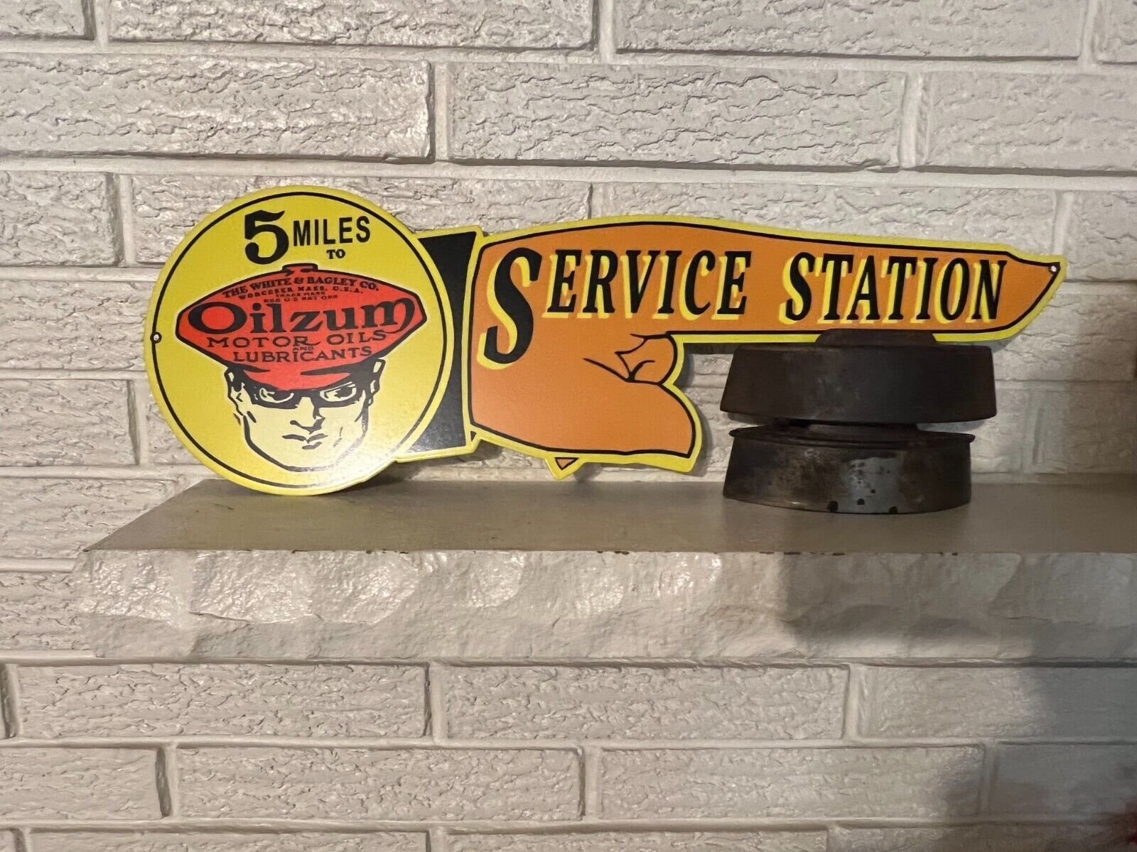Oilzum 5 Miles To A Service Station Cut Out Metal Sign 23x8.5