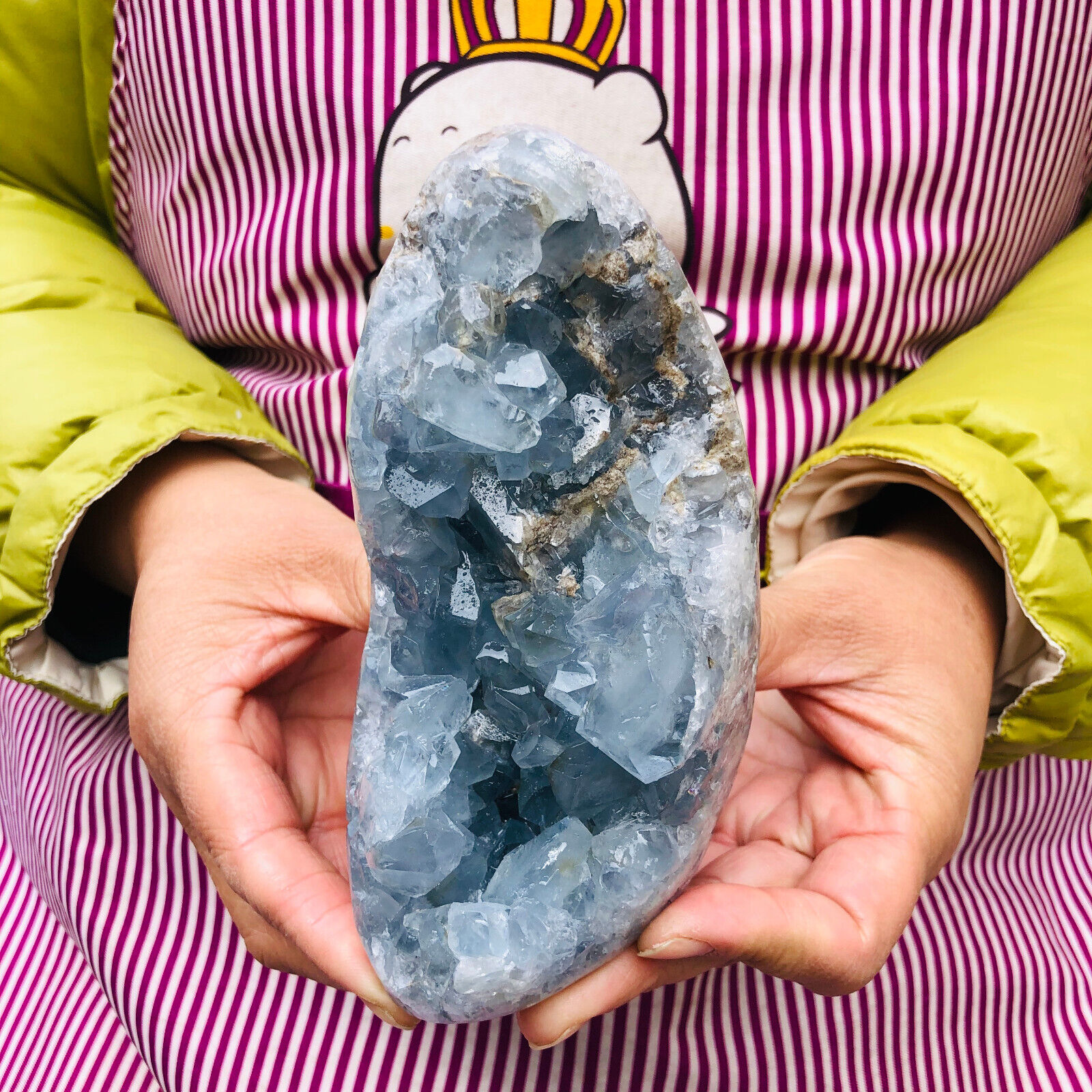 2.55LB natural blue celestite geode quartz crystal mineral specimen healing