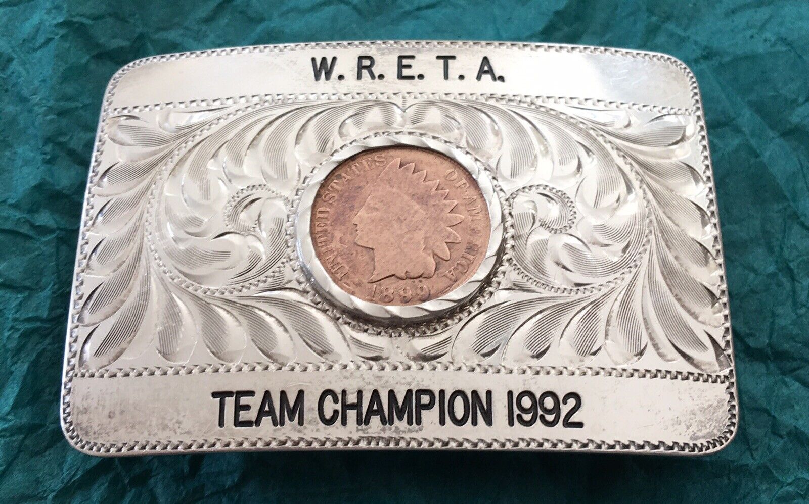 🇺🇸 SALE 🇺🇸  STERLING SILVER Rare Hake  WRETA Champion 1899 Penny Belt Buckle