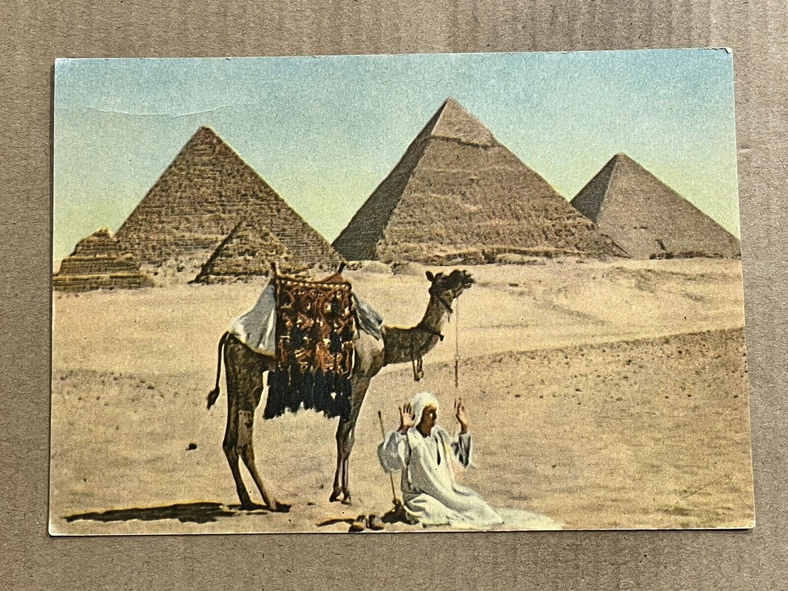 Postcard Egypt Pyramids Of Giza Prayer Camel Vintage PC