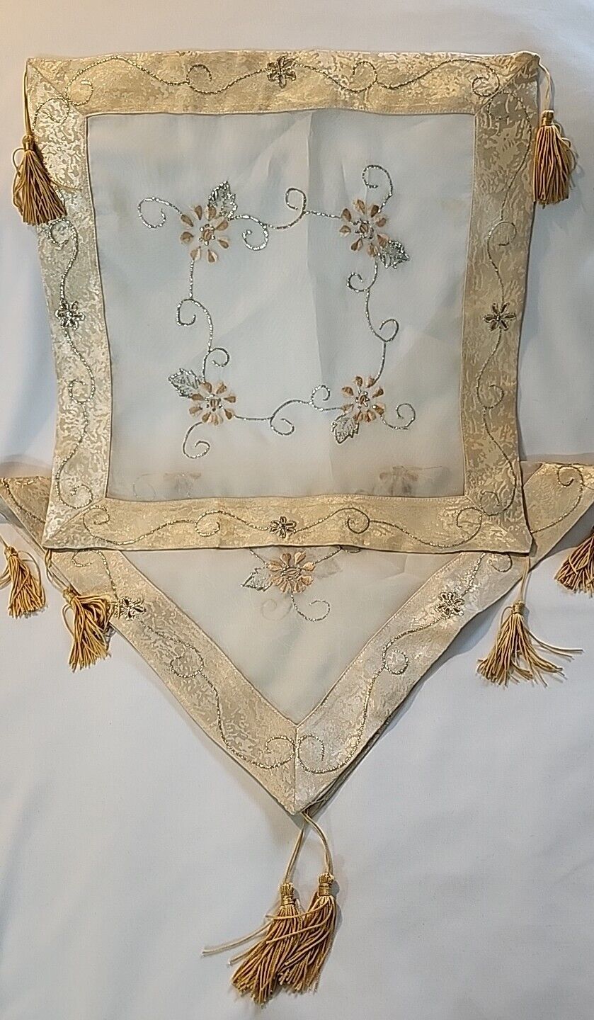 Vintage Society Silk Embroidery 15” Square Gold Flowers/Silver Swirls w/Tassels 