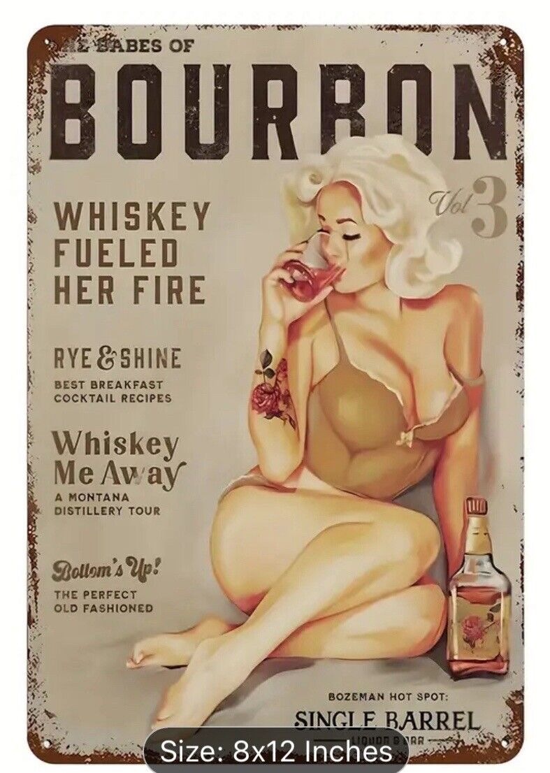 Bourbon Tin Metal Bourbon Pinup Girl Sign Bar Den Vintage Decor