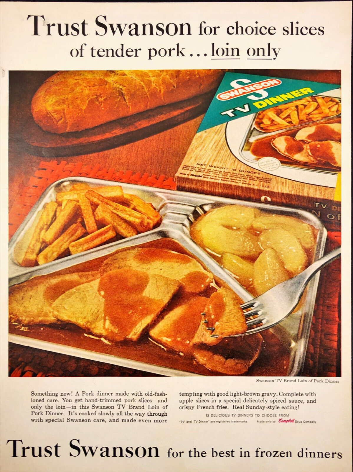 1961 Swanson TV Dinner Print Ad Metal Tray Loin of Pork Mid Century Modern