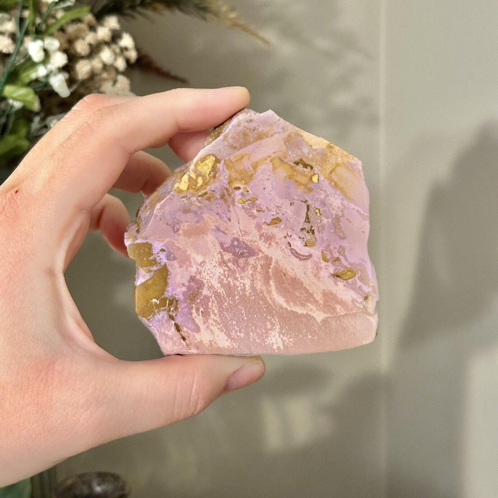 Phosphosiderite polished crystal slab 💗 pastel pink purple + yellow with stand