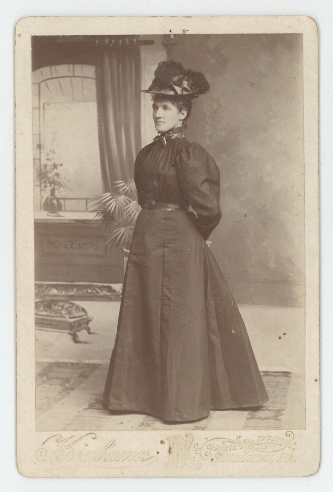 Antique c1880s Cabinet Card Lovely Woman in Stunning Dress & Hat Shamokin, PA