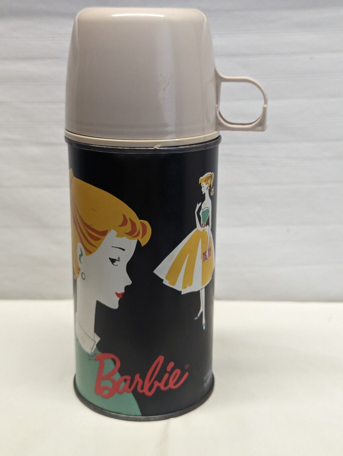 Vintage 1962 Retro Ponytail Barbie Metal Thermos Bottle with Beige Cup