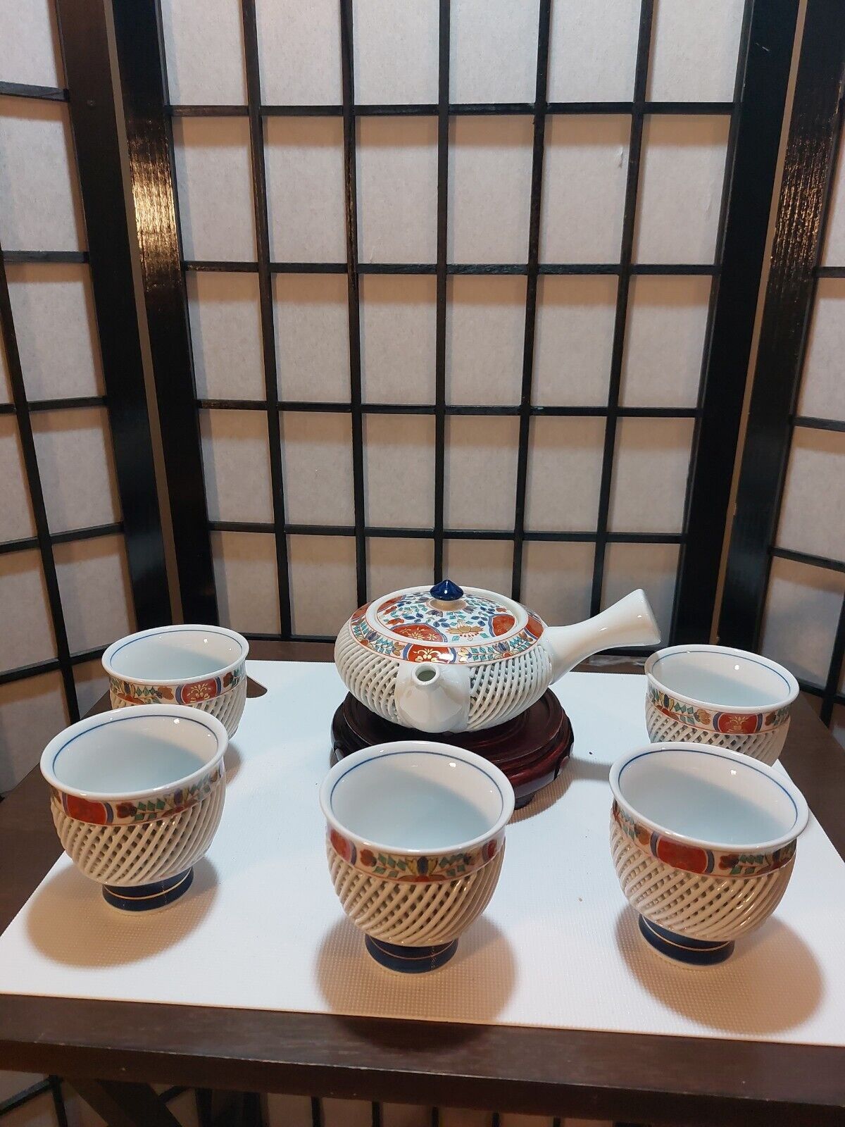VTG Japanese Aritaware Lattice design Fine Porcelain Tea Set signed Kotomine.