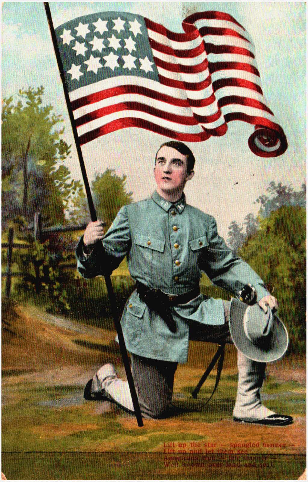 Postcard Patriotic Soldier With Flag 14 Stars
