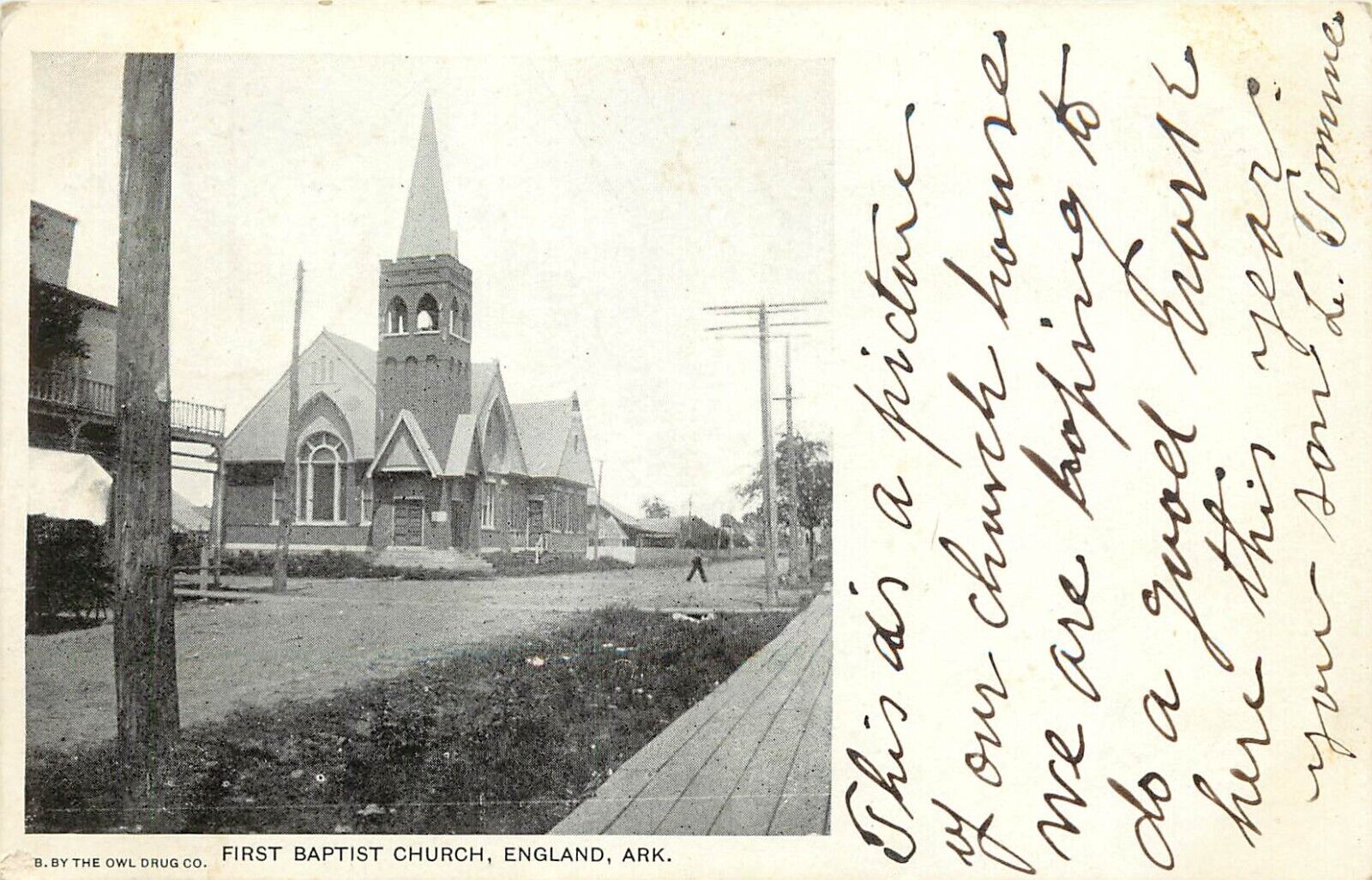 c1907 Postcard; First Baptist Church, England AR Lonoke County, Posted