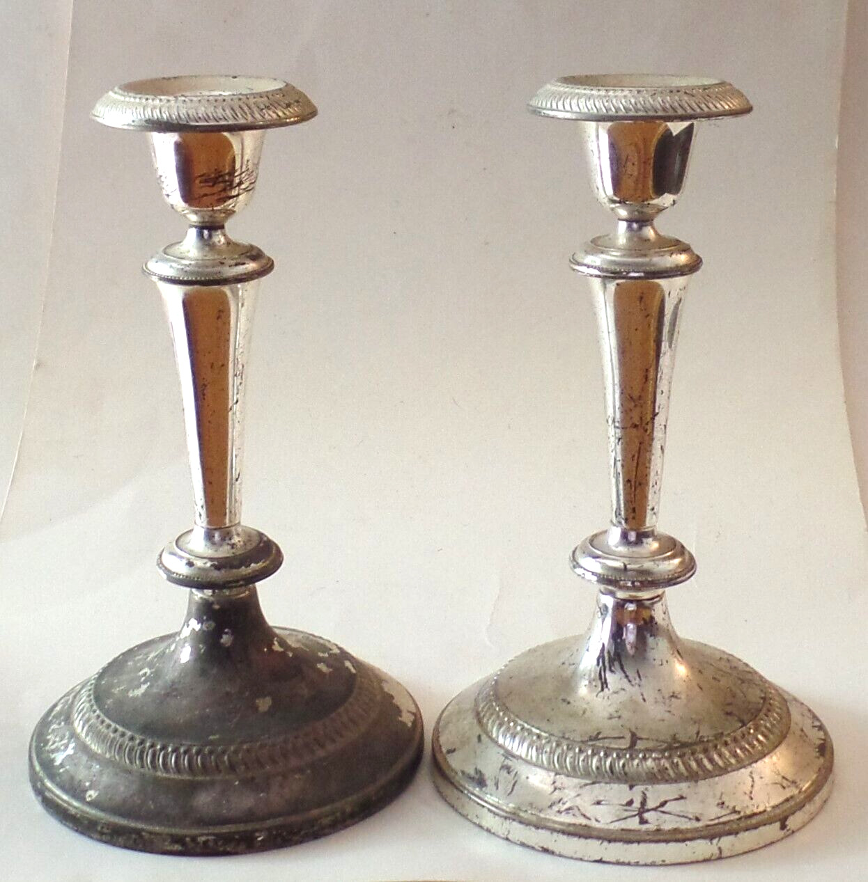 2 Antique Vintage Distressed Silver Tone Metal Candle Holders