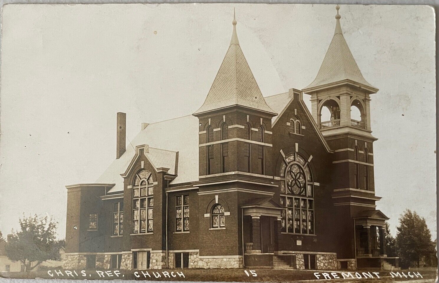 First Christian Reformed Church Fremont Michigan rppc photo postcard 1915