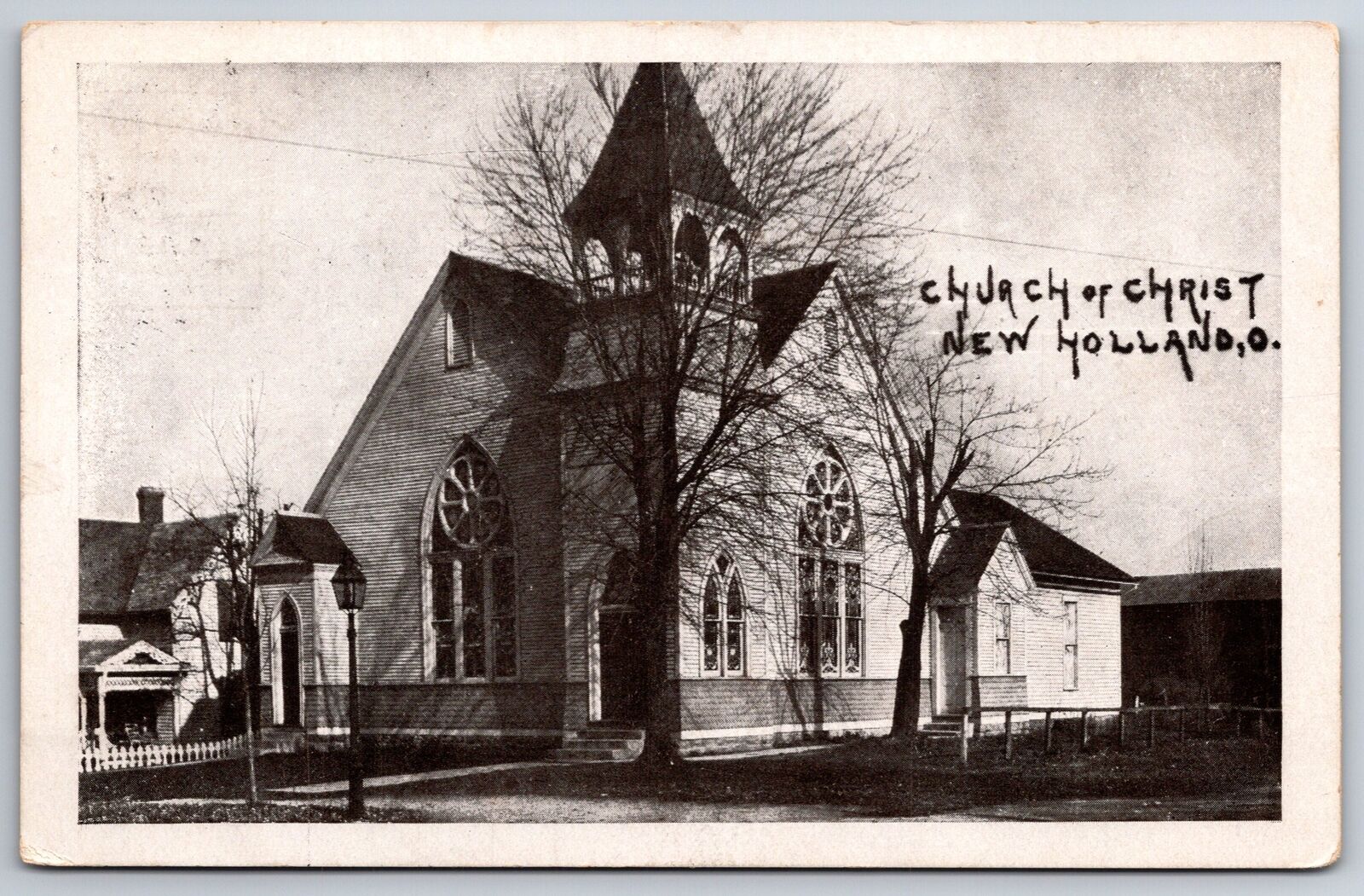 New Holland Ohio~Church of Christ~Close Up~Belfry~Lamppost~c1905 Postcard