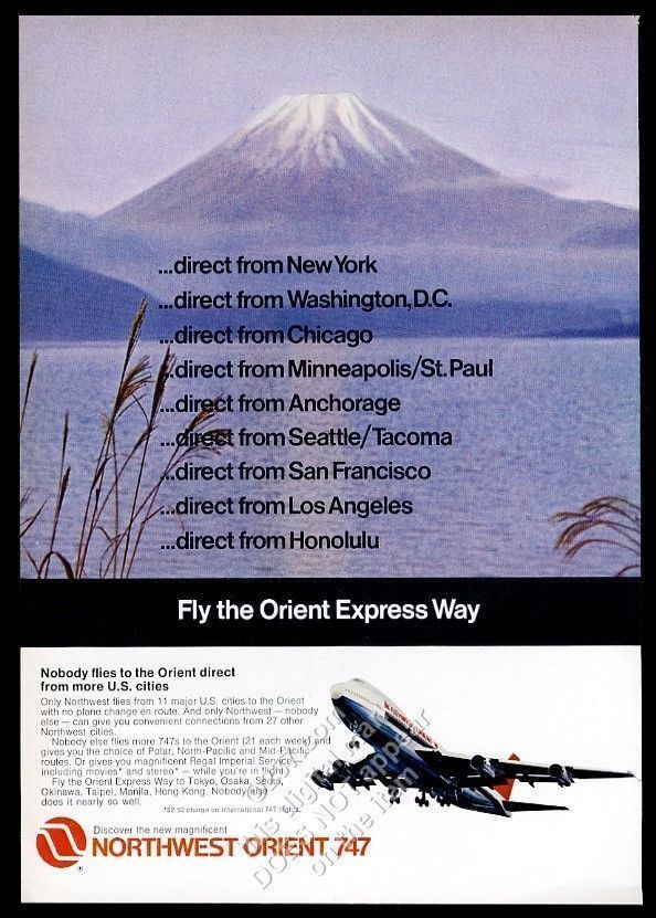 1971 Northwest Orient Airlines Mt. Fuji Japan Boeing 747 plane photo print ad