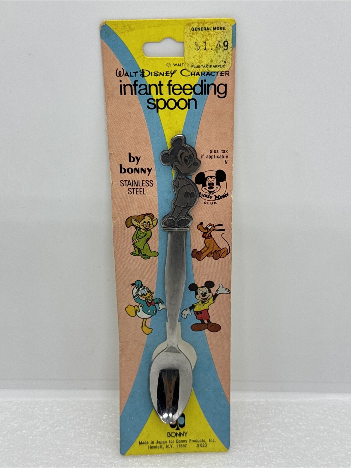 BABY CHILDS SPOON WALT DISNEY BY BONNY MICKEY MOUSE ON CARD STAINLESS STEEL