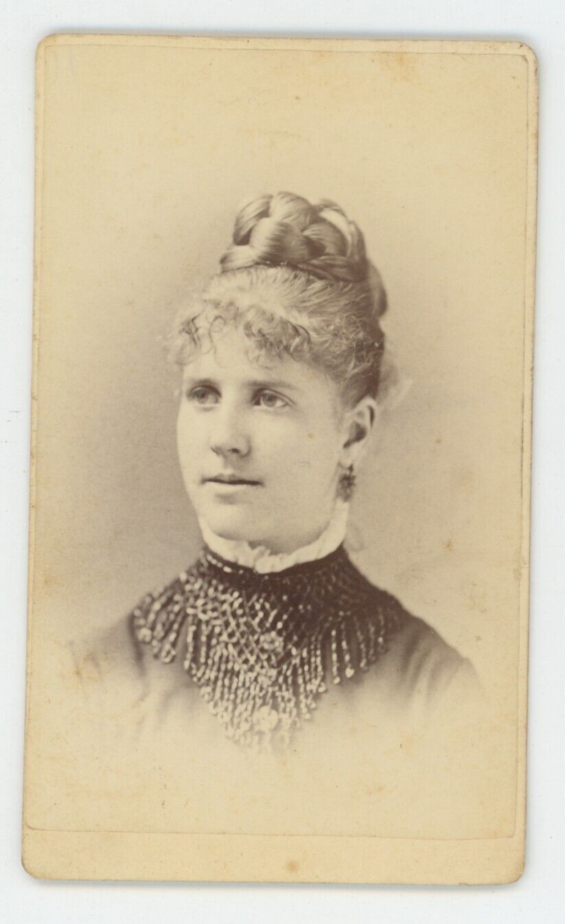 Antique CDV Circa 1870s Stunning Gorgeous Woman Unique Dress Perkins Boston, MA