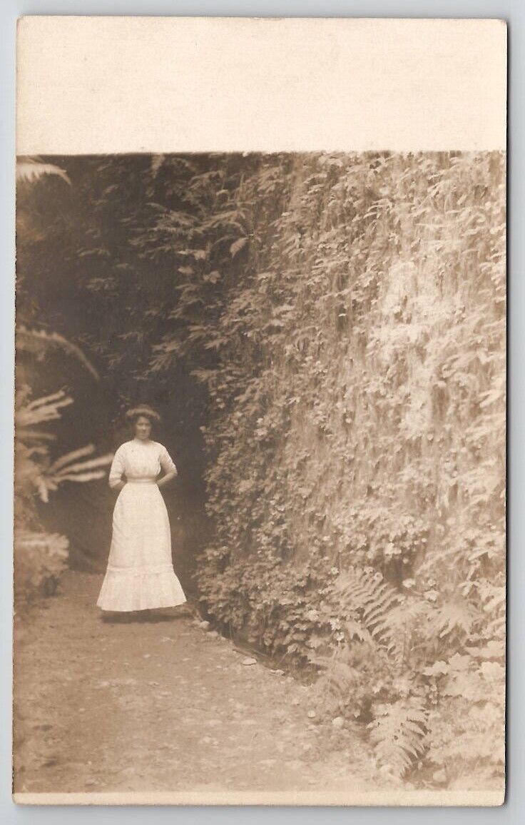 RPPC Lovely Edwardian Woman Posing Near Tunnel Cave Real Photo Postcard S28
