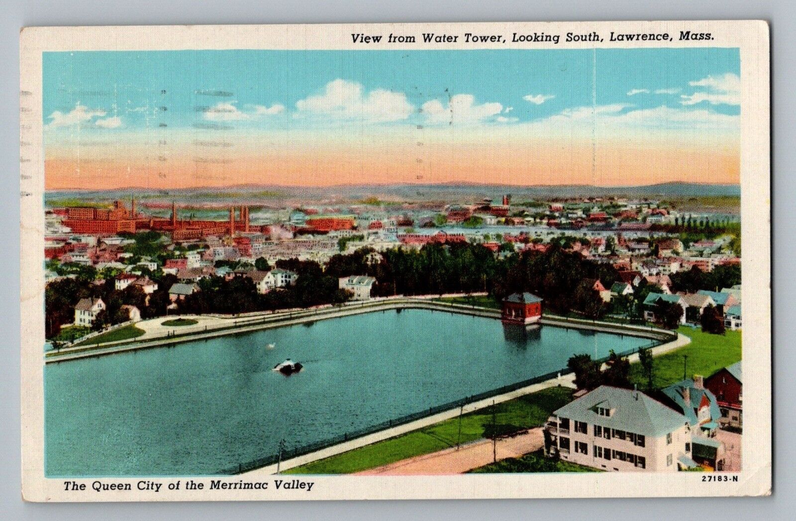 Lawrence Massachusetts MA Town View From Water Tower Postcard 1945