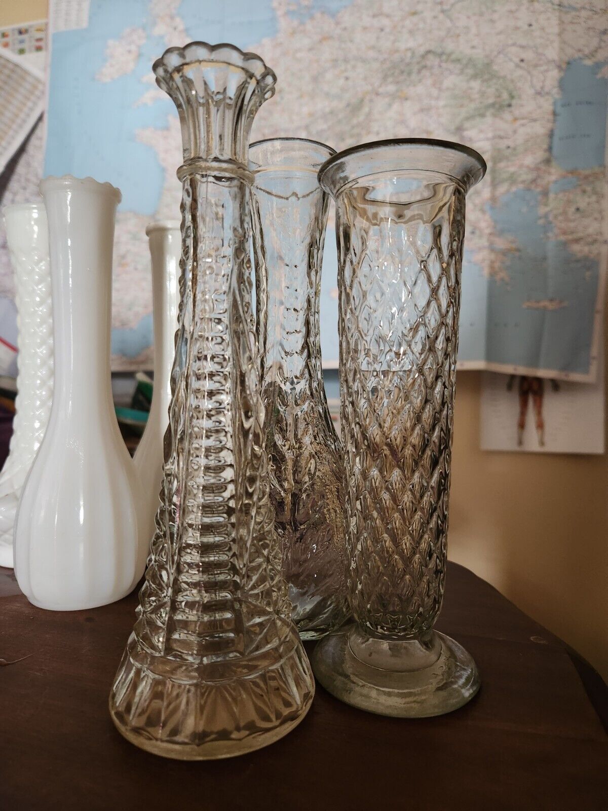 Beautiful Vintage Diamond Pattern Flower Vase - Lot of 3