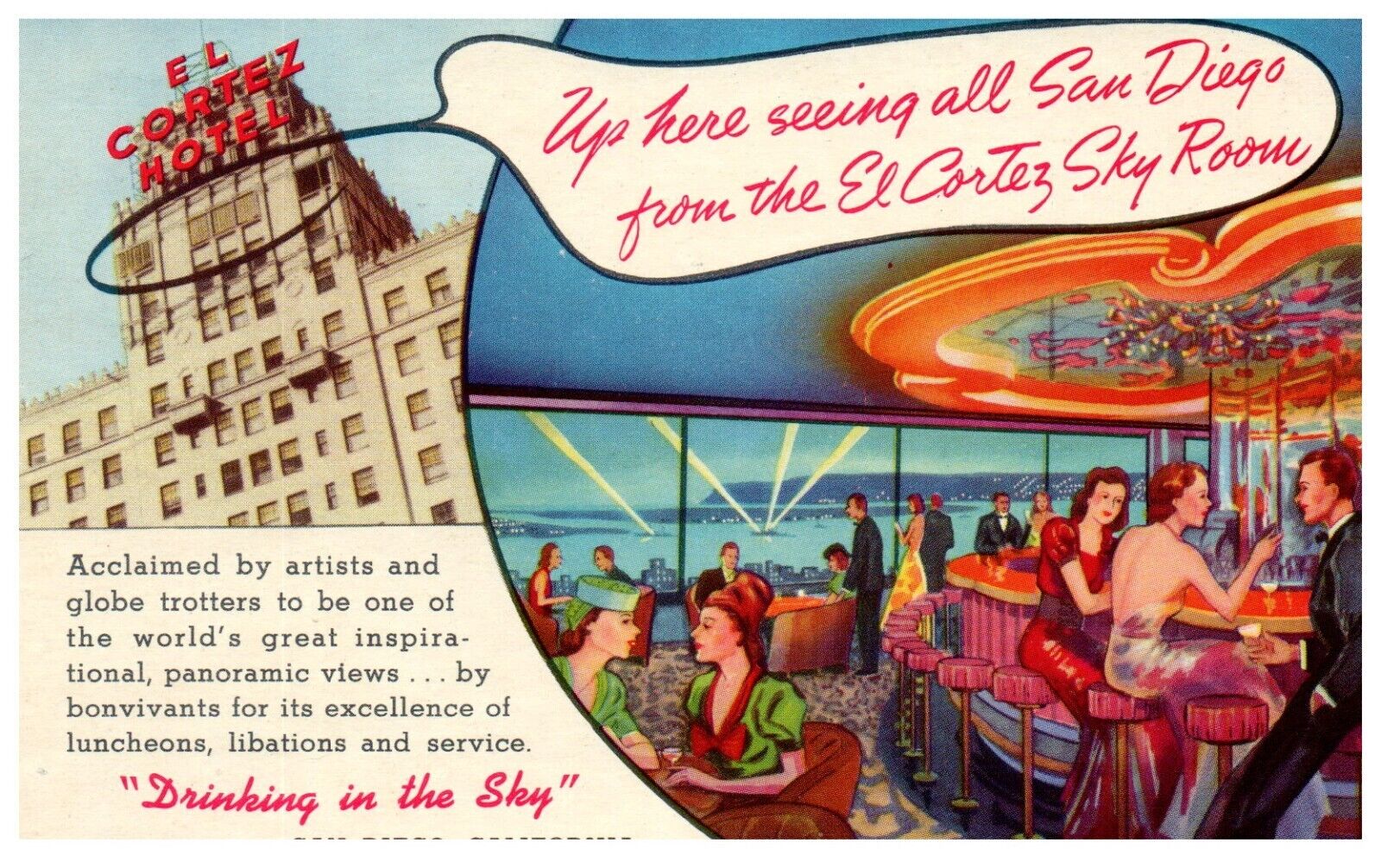 El Cortez Sky Room Hotel San Diego, California Hotel Motel Adv Postcard