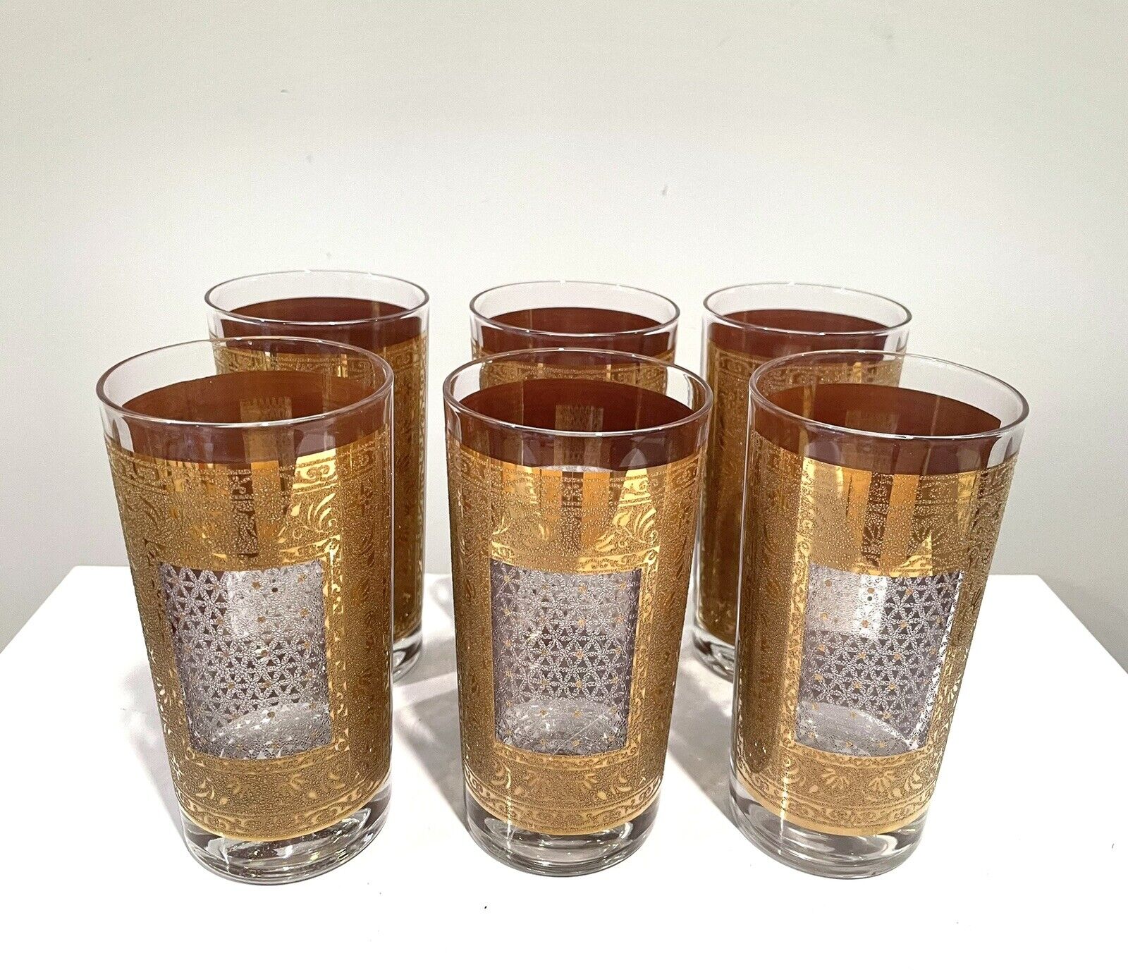 6 Vintage 22K Gold Kashmir Pattern Pasinski Highball Glasses Appear Unused