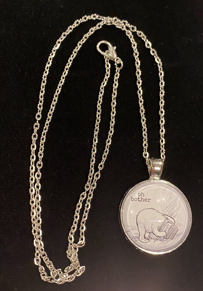 New Winnie the Pooh Necklace 24” Chain Round Glass Cabochon Pendant “Oh Bother”