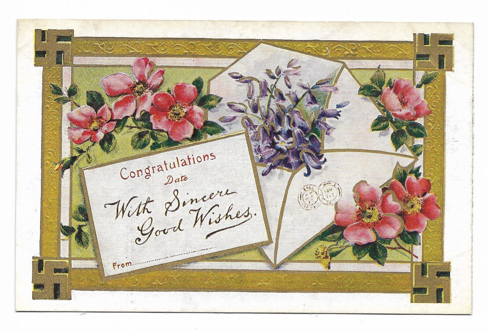 1910s Antique Postcard ~ Whirling Log Symbol ~ Congratulations, Pink Pansies