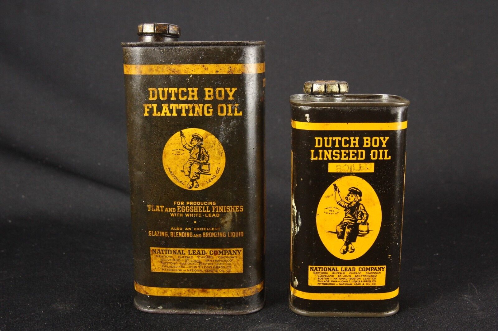 Early Dutch Boy 15 oz Boiled Linseed Oil & 1 Quart Flatting Oil Tins Empty Cans