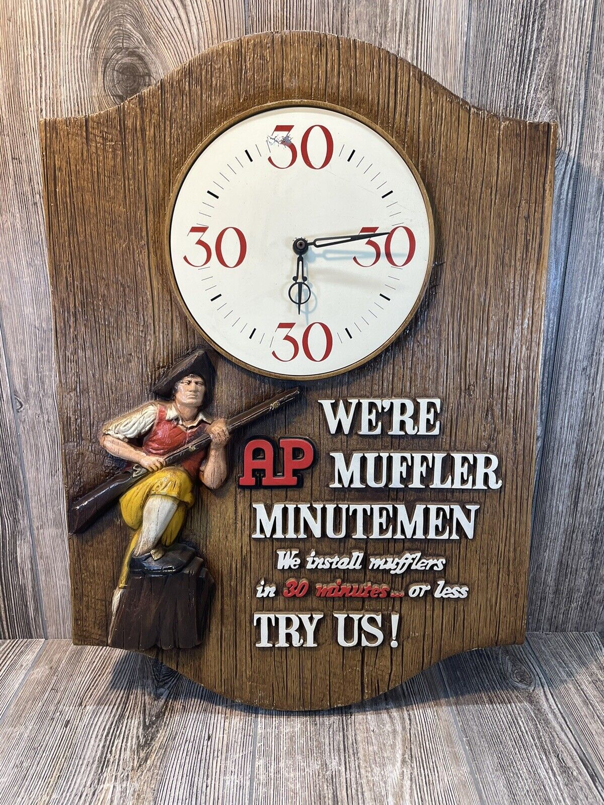 Vintage AP Muffler Minuteman Advertising Clock 30 30 30