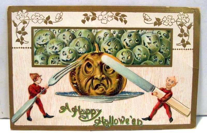 Antique Used  \'A Happy Hallowe\'en\' Embossed JOL/Gremlins Germany Postcard 1900s