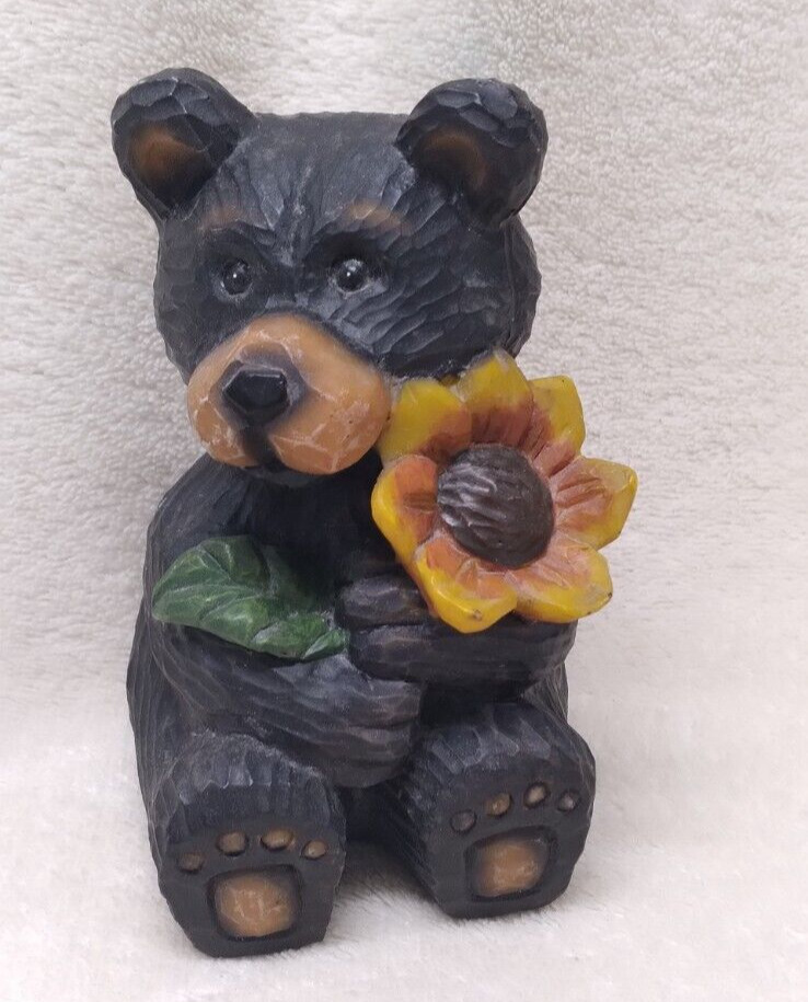 Young\'s Inc 2001 Black Bear with Sunflower Figurine 4 inch Tall Resin
