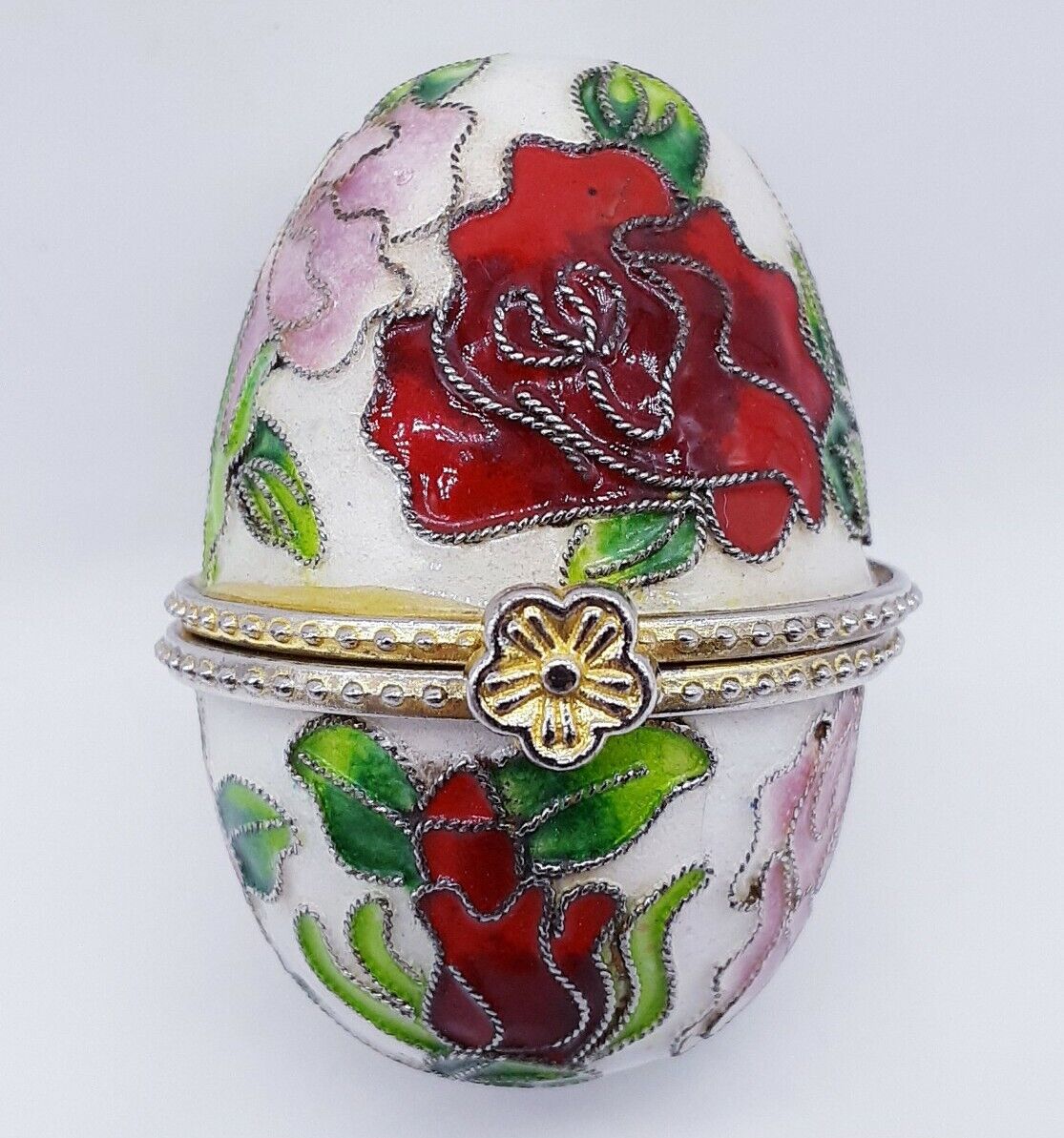 Vintage Cloisonné gold-plated egg jewelry boxHandpainted flowers 3d cute 2\