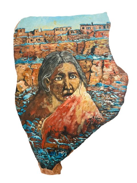 Thomas Mills Signed Native Western Art Shale Rock Painting 1987 Hopi tribe Mesa