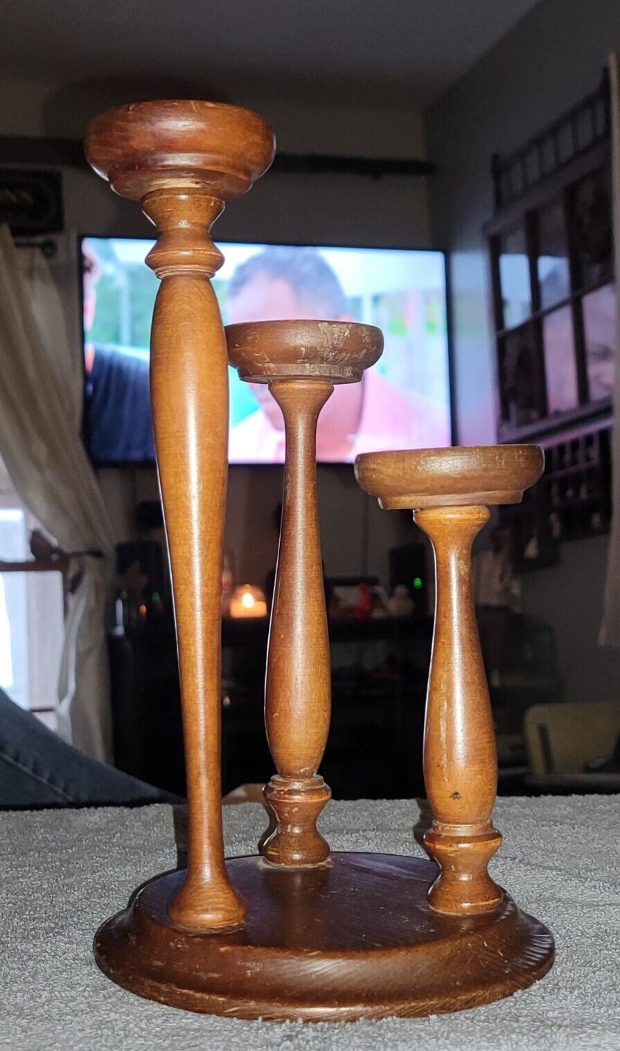 Vintage MCM Charles Lesters\' Hand-Crafted Lathe Turned Wooden 3 Candle Holder 