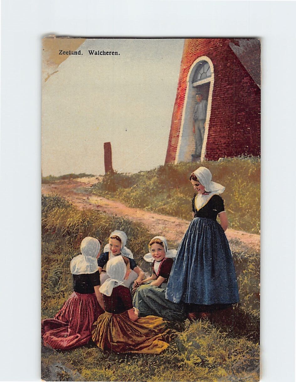 Postcard Girls in Traditional Costume Scene in Walcheren Netherlands