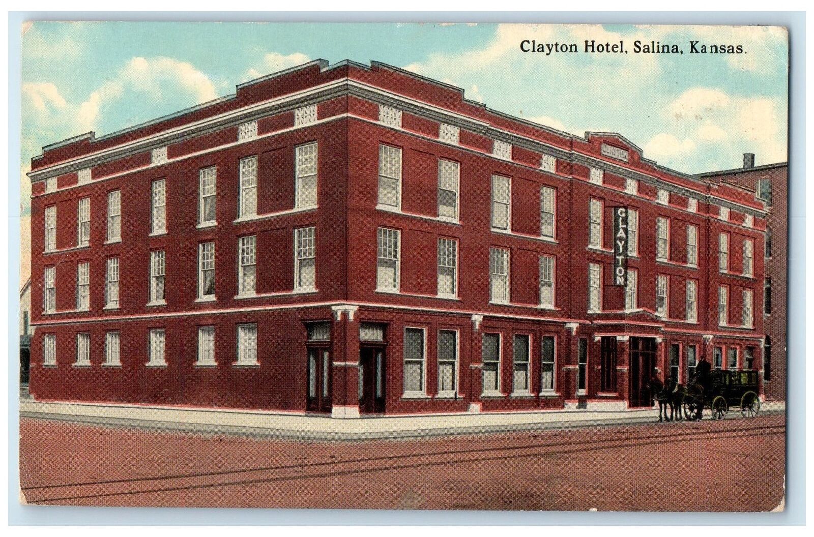 c1910's Clayton Hotel Exterior Roadside Salina Kansas KS Unposted Horse Postcard