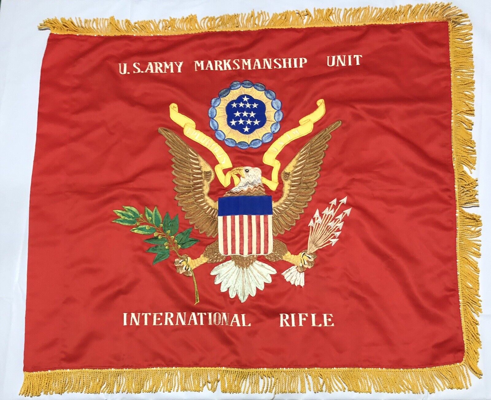 VINTAGE US ARMY MARKSMANSHIP UNIT INTERNATIONAL RIFLE FLAG 36 1/2” X 33 1/2”
