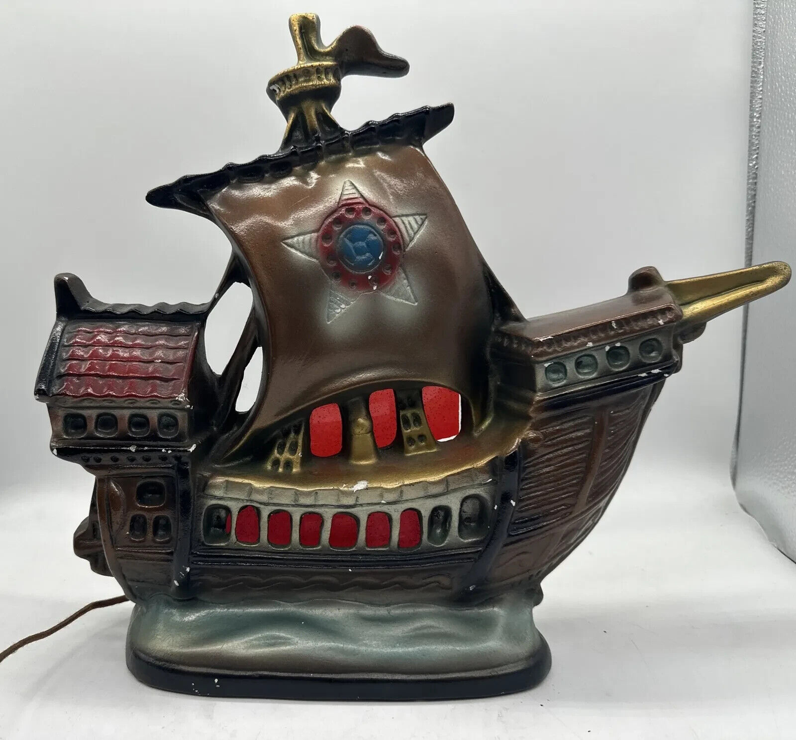 Vintage Mid Century Ceramic Spanish Galleon Ship TV Table Lamp - WORKS
