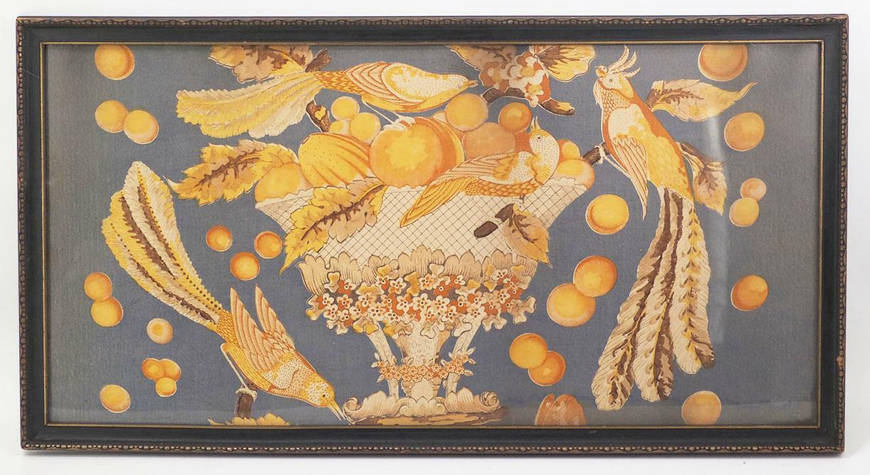 Antique Birds in Fruit Bowl Fabric Textile Art w/ Frame