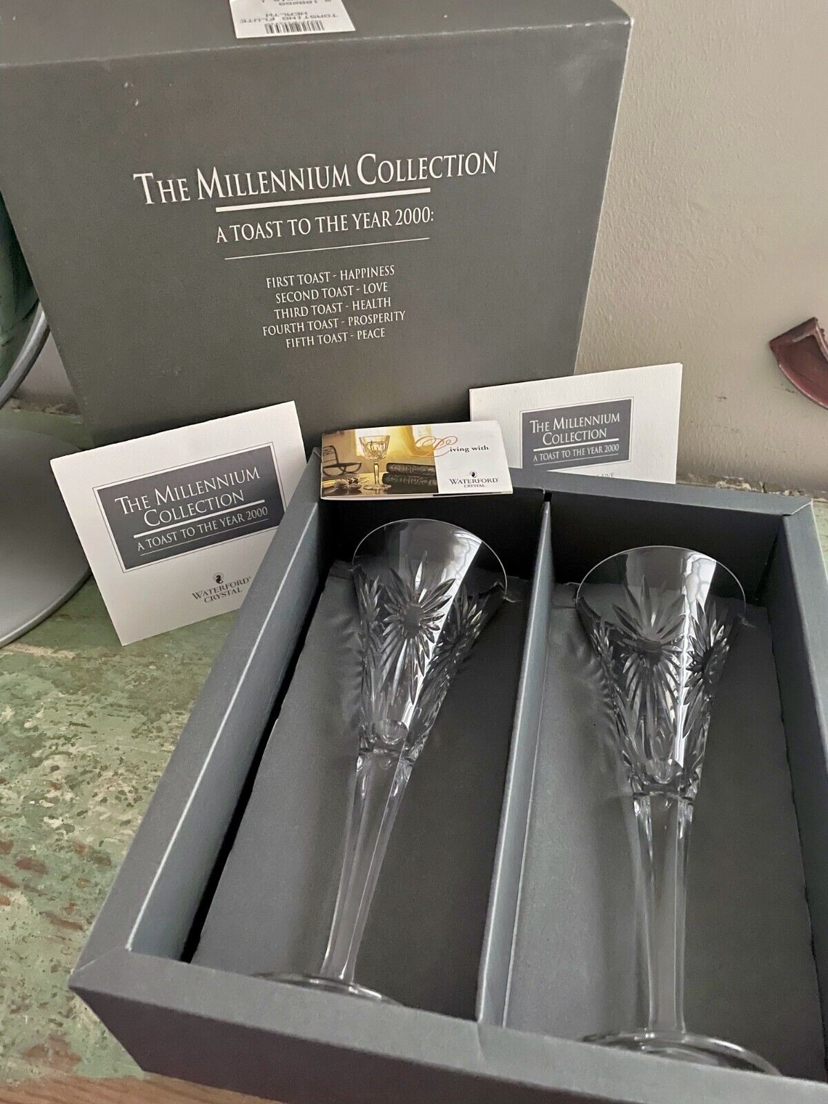 NIB Vintage Waterford Crystal Millenium Series Toasting Flutes HEALTH Set of 2