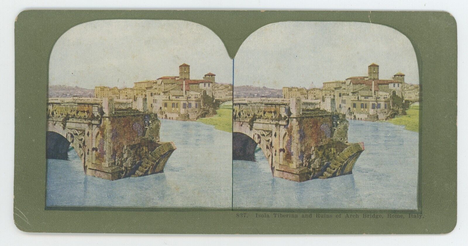 c1900\'s Colorized Stereoview Isola Tiberina and Ruins of Arch Bridge Rome, Italy
