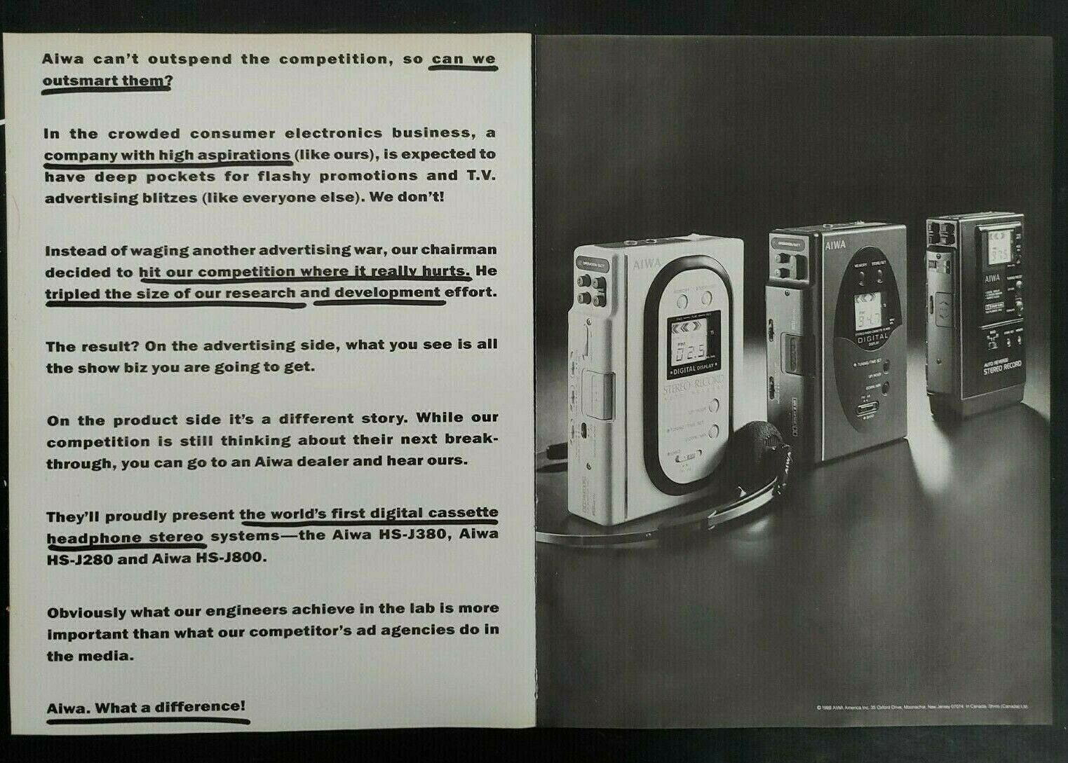 1989 Aiwa HS-J380 1st Digital Cassette Headset Stereo System Vintage Print Ad