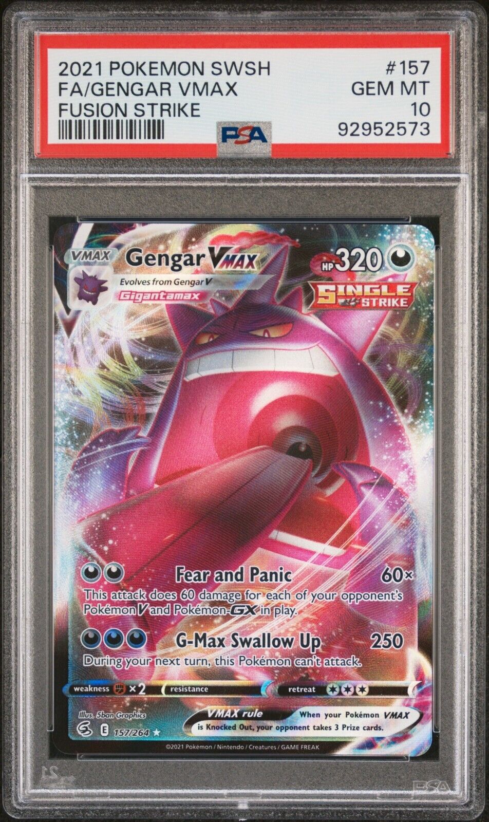 PSA 10 Gengar Vmax 157/264 Fusion Strike Holo Full Art Graded Pokemon Card