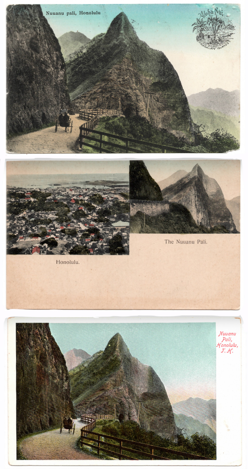 1908-1910 Nu'uanu Pali Postcards (3 dif)~ Ko'olau range cliff Honolulu ~ HAWAII 