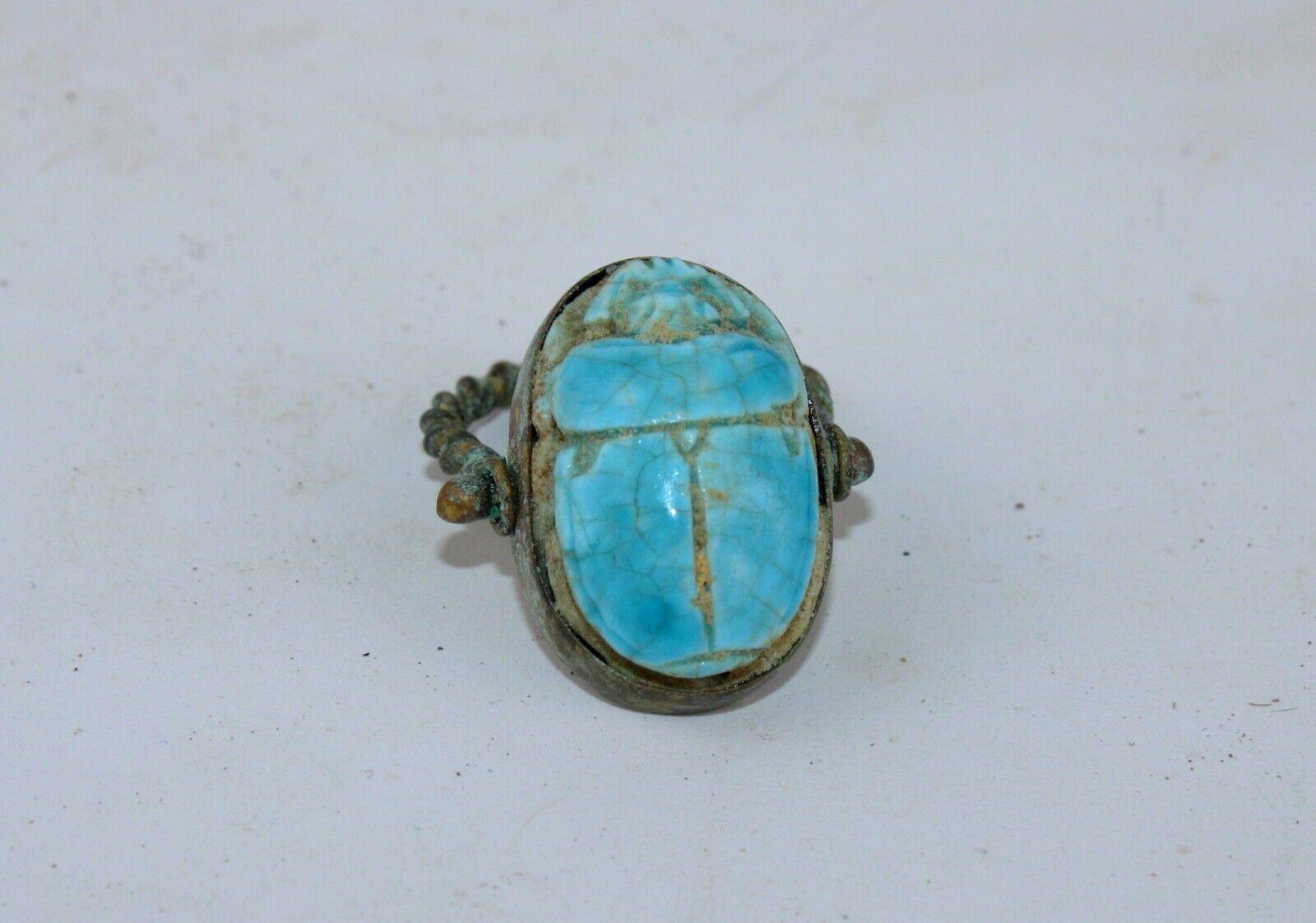 Rare Ancient Pharaonic Copper Ring With Protect Scarab Turquoise Stone BC