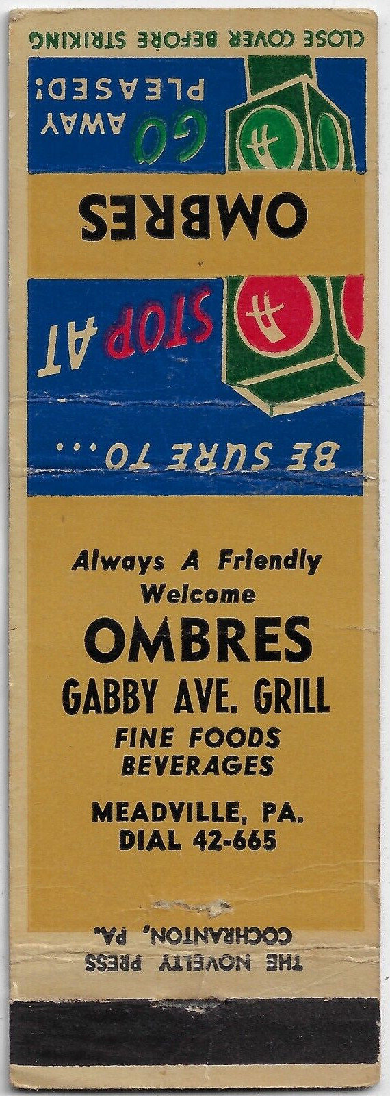FS Empty Matchbook Cover Ombres Gabby Ave Grill Meadville PA.