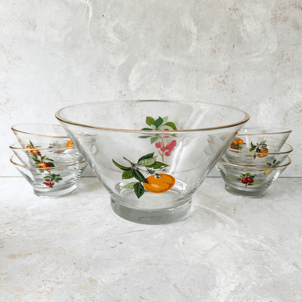 Vintage Hazel Atlas gold rim hand painted fruit cherry glass MCM bowl set