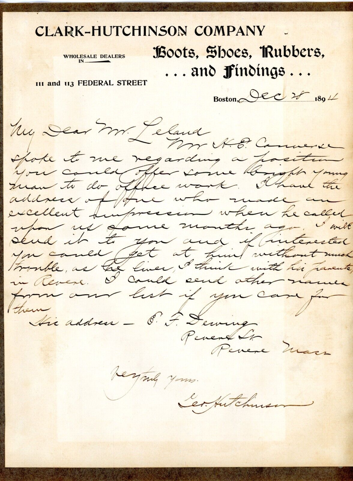 1894 Letters Signed Clark Hutchinson Boston Rubber Shoe Co. Mass Lester Leland