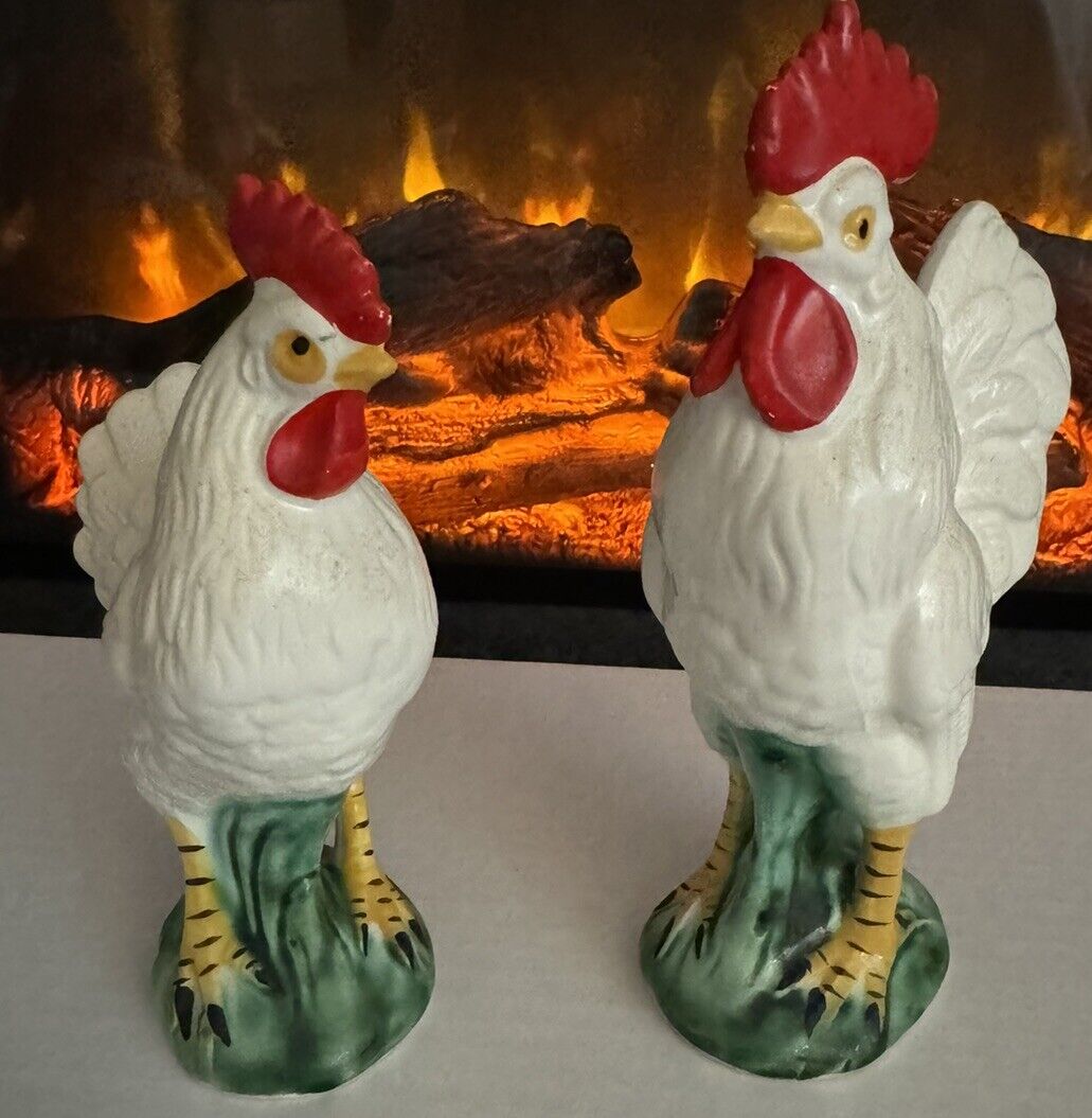 Lefton Vintage Ceramic Rooster and Hen Chicken Figurines Hand Painted