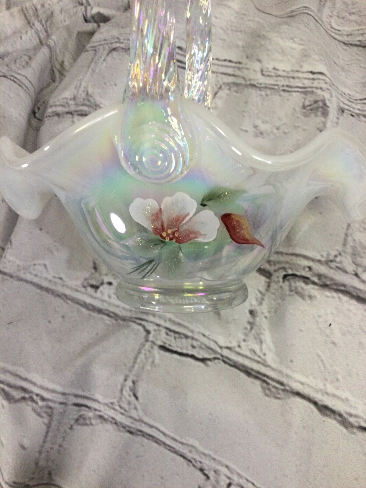 Fenton Art Glass Basket Opalescent Floral Pearl Signed Hand Painted With Tags