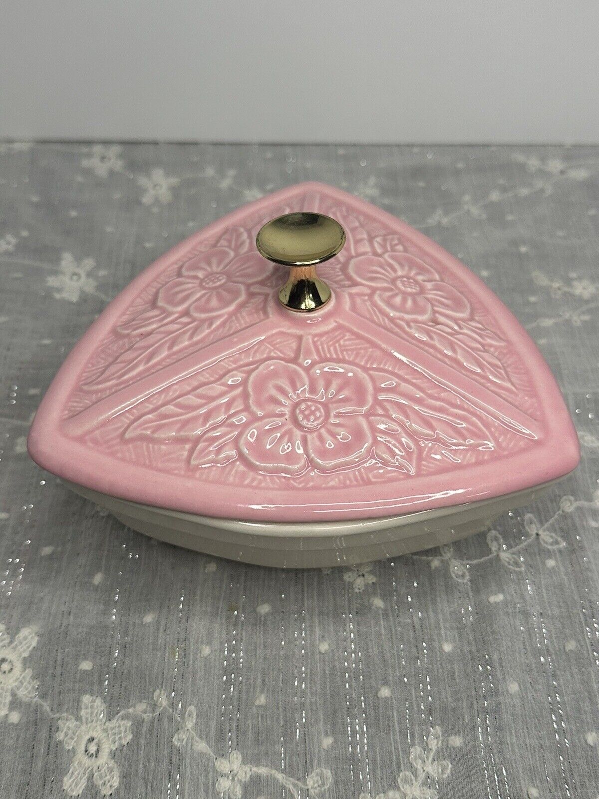 Vintage MCM California Pottery Triangle Shaped Lidded Dish Pink Floral